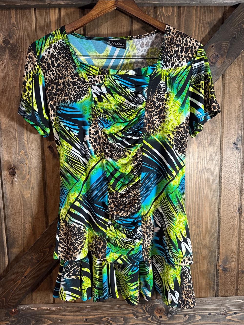 Aurielle Neon Green & Teal Animal-Print Ruched Short Sleeve Top And Skirt (2pc)